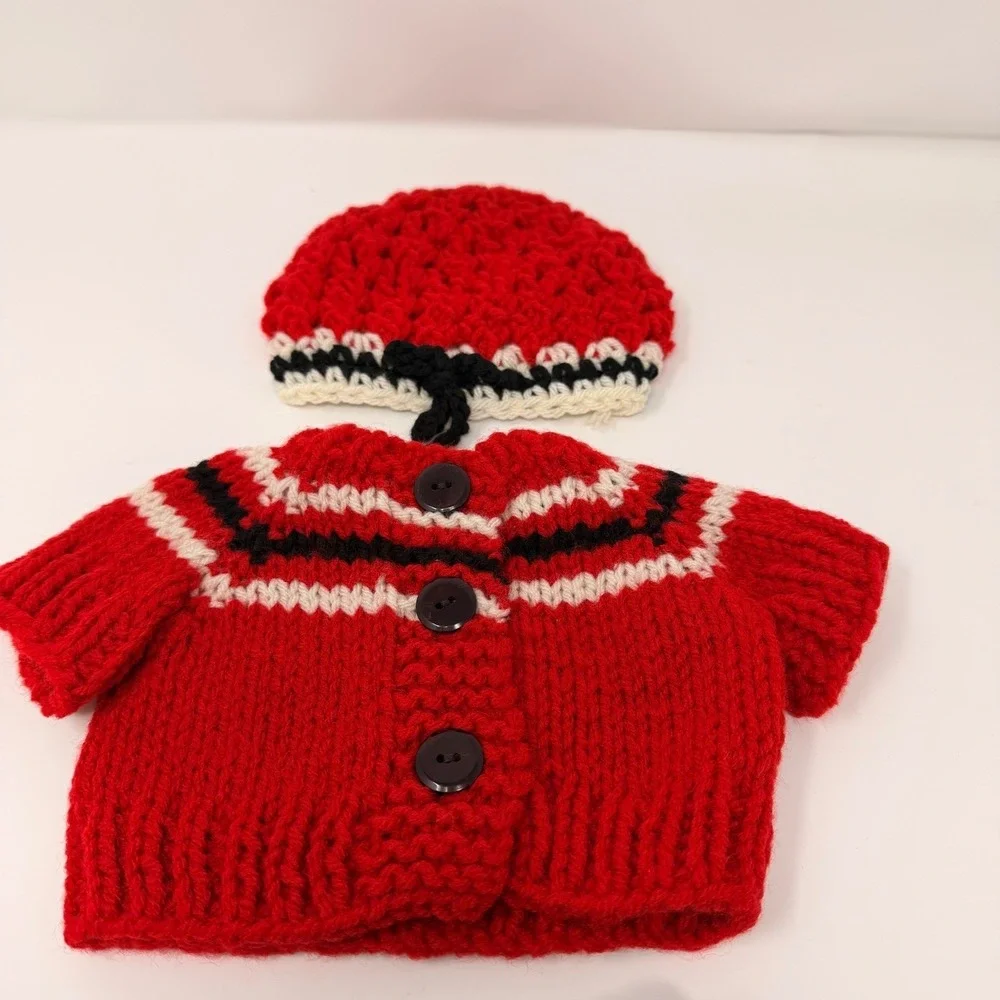 Hand-Knit Doll Outfit: Red Sweater, Beanie, Denim Pants Fits 18